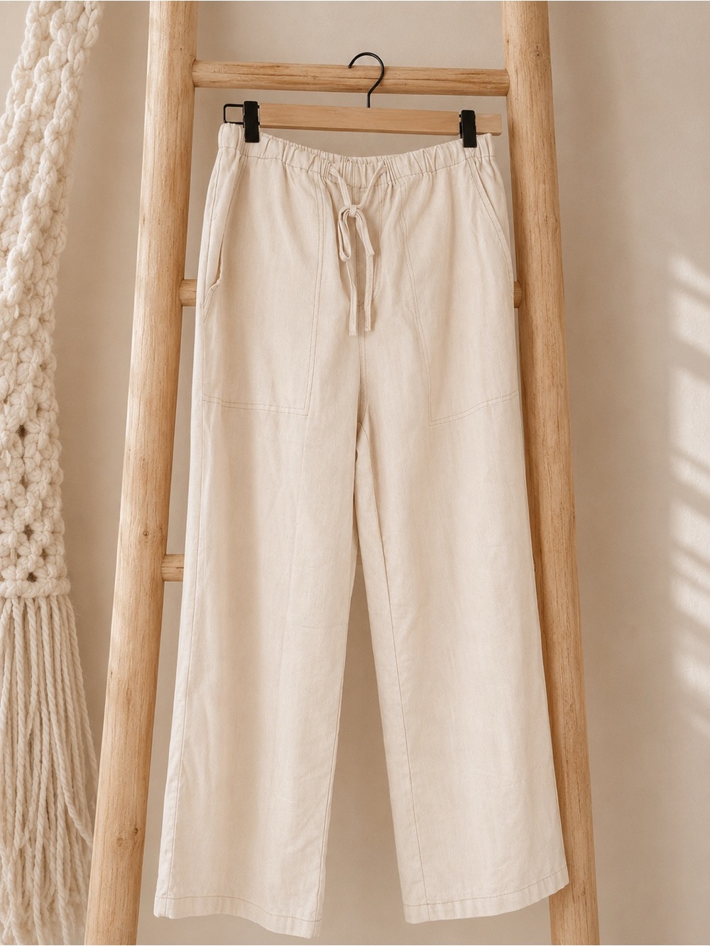 Linen Cotton Blend Drawstring Wide-Leg Pants